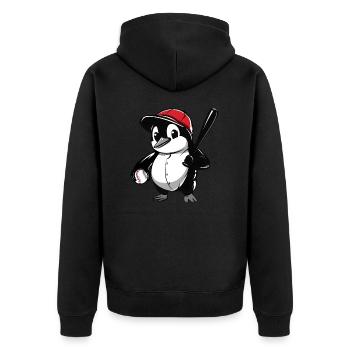 Dessin animé de joueur de baseball pingouin - Veste à capuche bio Premium Unisexe - noir - Dos - Nico (187cm)