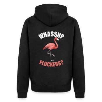Flamingo Tier Rosa - Unisex Premium Bio Zip Hoodie - Schwarz - Hinten - Nico (187cm)
