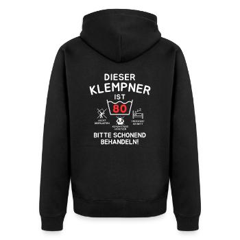 This plumber is 80. Treat gently - Unisex Premium Organic Zip Hoodie - black - Back - Nico (187cm)