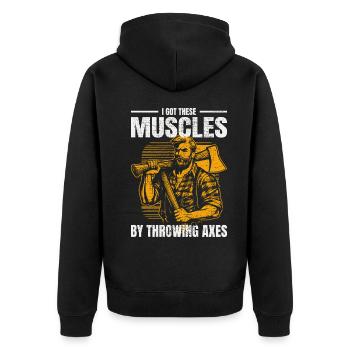 Muscle-Forged Mastery: Lumberjack's Axe Throwing - Unisex Premium Organic Zip Hoodie - black - Back - Nico (187cm)
