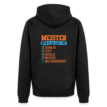 Meisterprüfung bestanden Plan geht auf - Unisex Premium Bio Zip Hoodie - Schwarz - Hinten - Nico (187cm)