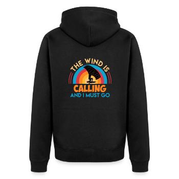Wing Foil Spruch Wind is calling Wing Surf - Unisex Premium Bio Zip Hoodie - Schwarz - Hinten - Nico (187cm)