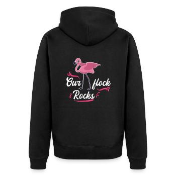 Our flock rocks Pink Flamingo Feiern - Unisex Premium Bio Zip Hoodie - Schwarz - Hinten - Nico (187cm)