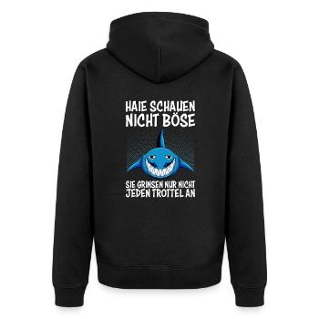 Haie grinsen nur nicht jeden Trottel an Hai - Unisex Premium Bio Zip Hoodie - Schwarz - Hinten - Nico (187cm)