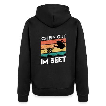 Ich bin gut im Beet Gärtner - Unisex Premium Bio Zip Hoodie - Schwarz - Hinten - Nico (187cm)