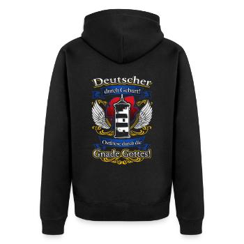 Stolzer Ostfriese – Heimatverbundenheit durch Gott - Unisex Premium Bio Zip Hoodie - Schwarz - Hinten - Nico (187cm)