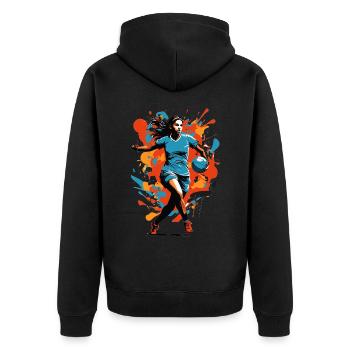Handballerin Ikonischer Style & Streetwear - Unisex Premium Bio Zip Hoodie - Schwarz - Hinten - Nico (187cm)