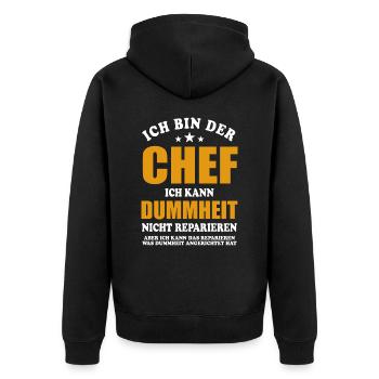 Ich bin Chef - ich kann Dummheit nicht reparieren - Unisex Premium Bio Zip Hoodie - Schwarz - Hinten - Nico (187cm)