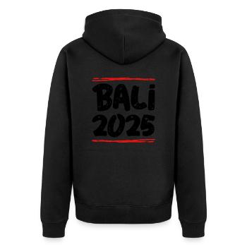 Bali 2025 Spruch - Unisex Premium Bio Zip Hoodie - Schwarz - Hinten - Nico (187cm)