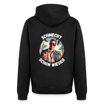 Schmeckt schon wieder - Unisex Premium Bio Zip Hoodie - Schwarz - Hinten - Nico (187cm)