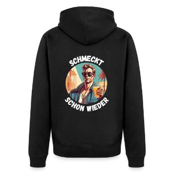 Schmeckt schon wieder! - Unisex Premium Bio Zip Hoodie - Schwarz - Hinten - Nico (187cm)