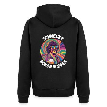 Schmeckt schon wieder! - Unisex Premium Bio Zip Hoodie - Schwarz - Hinten - Nico (187cm)