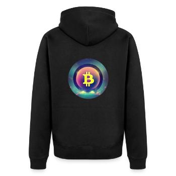 Bitcoin Logo im Synthetische Wave Stil - Unisex Premium Bio Zip Hoodie - Schwarz - Hinten - Nico (187cm)