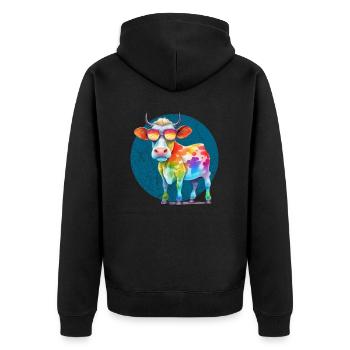 Bunte coole Kuh mit Sonnenbrille - Unisex Premium Bio Zip Hoodie - Schwarz - Hinten - Nico (187cm)