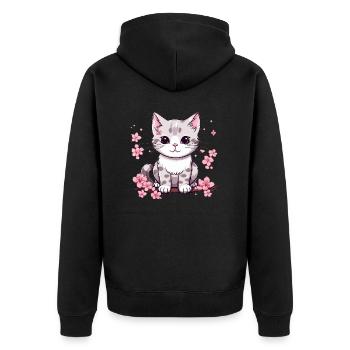 Süße Katze mit Kirschblüten - Unisex Premium Bio Zip Hoodie - Schwarz - Hinten - Nico (187cm)