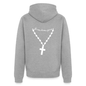 Pendentif avec une croix chrétienne et Jésus vous aime - Veste à capuche bio Premium Unisexe - gris chiné - Dos - Nico (187cm)