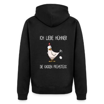 Hühner - Ich liebe Hühner die kacken Frühstück - Unisex Premium Bio Zip Hoodie - Schwarz - Hinten - Nico (187cm)
