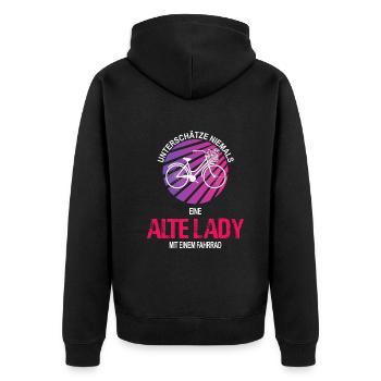 Unterschätze niemals eine alte Frau, Fahrrad - Unisex Premium Bio Zip Hoodie - Schwarz - Hinten - Nico (187cm)