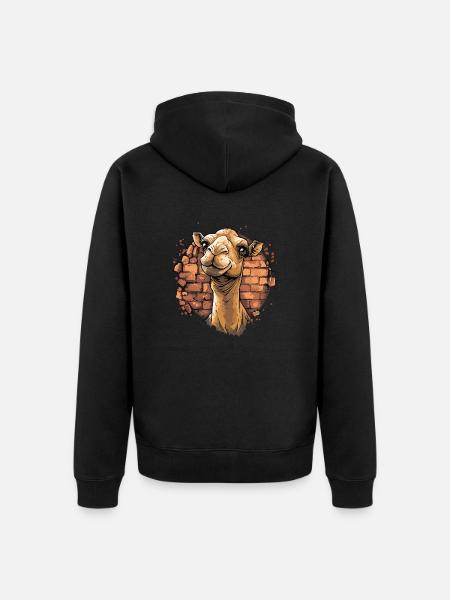 Kamel vor Backsteinmauer - Unisex Premium Bio Zip Hoodie - Schwarz