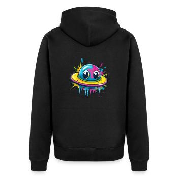 Buntes UFO mit Augen - Unisex Premium Bio Zip Hoodie - Schwarz - Hinten - Nico (187cm)
