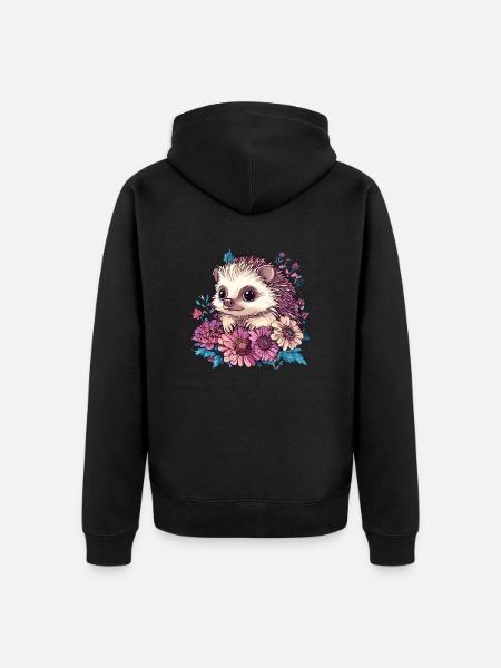 Niedlicher Igel in Blumen - Unisex Premium Bio Zip Hoodie - Schwarz