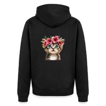 Kitten with hibiscus wreath - Unisex Premium Organic Zip Hoodie - black - Back - Nico (187cm)
