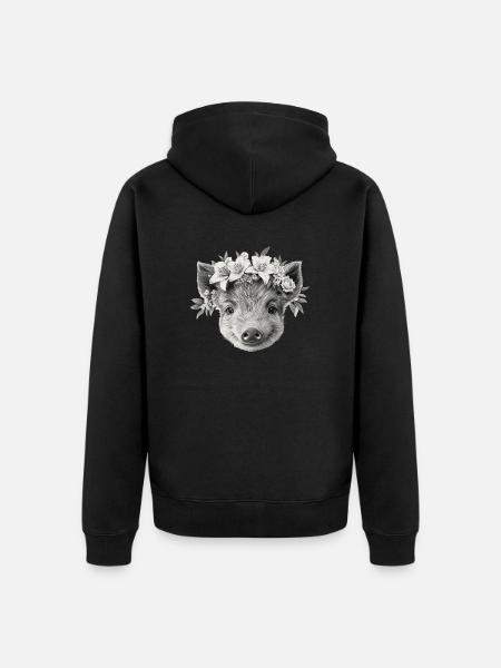 Wildschwein mit Blumenkranz - Unisex Premium Bio Zip Hoodie - Schwarz