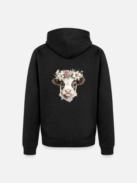 Vitello con fiori - Felpa con cappuccio ecologica premium unisex - nero