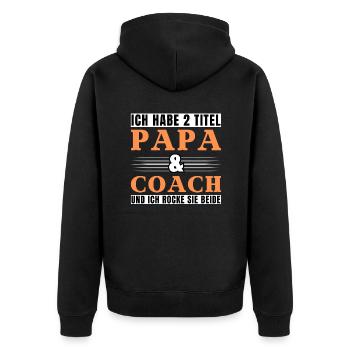 Ich habe 2 Titel Papa und Coach - Unisex Premium Bio Zip Hoodie - Schwarz - Hinten - Nico (187cm)