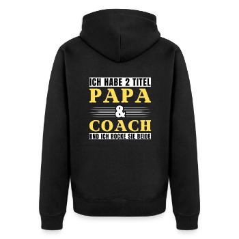 Ich habe 2 Titel Papa und Coach - Unisex Premium Bio Zip Hoodie - Schwarz - Hinten - Nico (187cm)