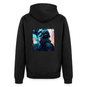 Kriegerin und Soldat in Zukunft als Sci-Fi Artwork - Unisex Premium Bio Zip Hoodie - Schwarz - Hinten - Nico (187cm)