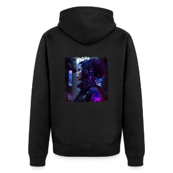 Sci-Fi Cyber Soldatin mit Netzwerk verbunden - Unisex Premium Bio Zip Hoodie - Schwarz - Hinten - Nico (187cm)