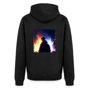 Brennende Stadt in Neon Farben und und junger Held - Unisex Premium Bio Zip Hoodie - Schwarz - Hinten - Nico (187cm)