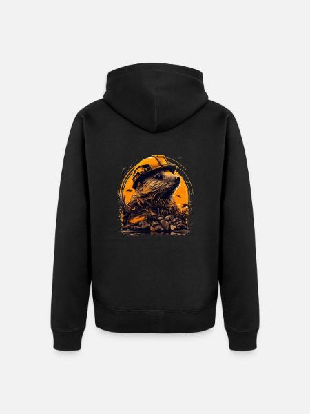 Bieber som bygmester med gul sikkerhedshjelm - Premium økologisk unisex-hættejakke - sort