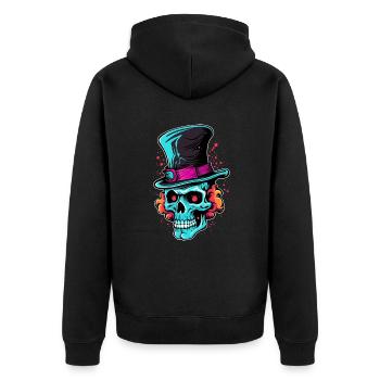 Bunter abstrakter Totenkopf mit Zylinder - Unisex Premium Bio Zip Hoodie - Schwarz - Hinten - Nico (187cm)