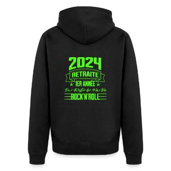 "2024 Rock 'n' Roll Retreat - Erstes Jahr" - Unisex Premium Bio Zip Hoodie - Schwarz - Hinten - Nico (187cm)