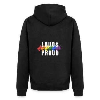 PRIDE Loud and PROUD white - Unisex Premium Bio Zip Hoodie - Schwarz - Hinten - Nico (187cm)
