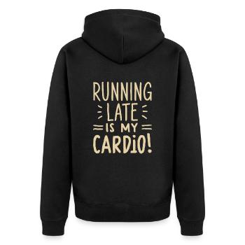 Running Late Is My Cardio Spruch Zitat - Unisex Premium Bio Zip Hoodie - Schwarz - Hinten - Nico (187cm)