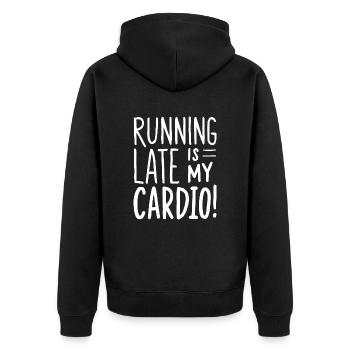 Running Late Is My Cardio Spruch Zitat - Unisex Premium Bio Zip Hoodie - Schwarz - Hinten - Nico (187cm)