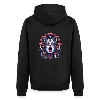 Trippy Frauengesicht mit Magic Mushrooms - Unisex Premium Bio Zip Hoodie - Schwarz - Hinten - Nico (187cm)
