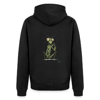 Zen in the green, a sitting praying mantis - Unisex Premium Organic Zip Hoodie - black - Back - Nico (187cm)