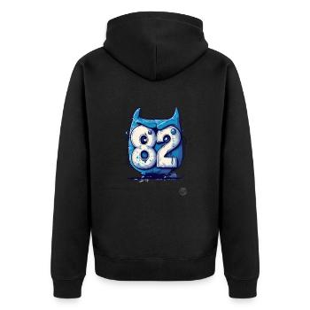 Cooles "82" Eulen-Design im Cartoon-Stil - Unisex Premium Bio Zip Hoodie - Schwarz - Hinten - Nico (187cm)