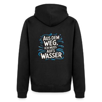 Aus dem Weg, ich muss aufs Wasser - Unisex Premium Bio Zip Hoodie - Schwarz - Hinten - Nico (187cm)