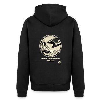 Homme de dessin animé vintage fuyant les problèmes - Veste à capuche bio Premium Unisexe - noir - Dos - Nico (187cm)