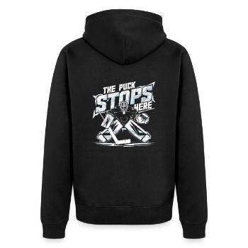 Eishockey-Statement für Verteidiger - Unisex Premium Bio Zip Hoodie - Schwarz - Hinten - Nico (187cm)