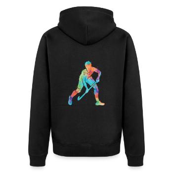 Hockeyspieler Feldhockey Kinder Hockey Jungen - Unisex Premium Bio Zip Hoodie - Schwarz - Hinten - Nico (187cm)