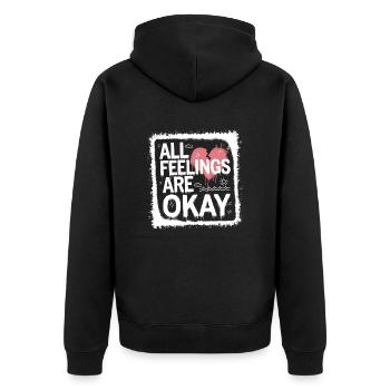 Achtsamkeit Spruch: Alle Gefühle sind okay - Unisex Premium Bio Zip Hoodie - Schwarz - Hinten - Nico (187cm)