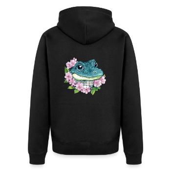 Kirschblüten Krokodil - Unisex Premium Bio Zip Hoodie - Schwarz - Hinten - Nico (187cm)