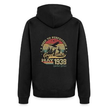 86 years old Aged to Perfection born in May 1938 - Unisex Premium Organic Zip Hoodie - black - Back - Nico (187cm)