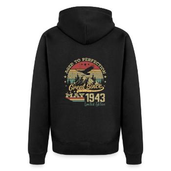 81 years old Aged to Perfection born in May 1943 - Unisex Premium Organic Zip Hoodie - black - Back - Nico (187cm)